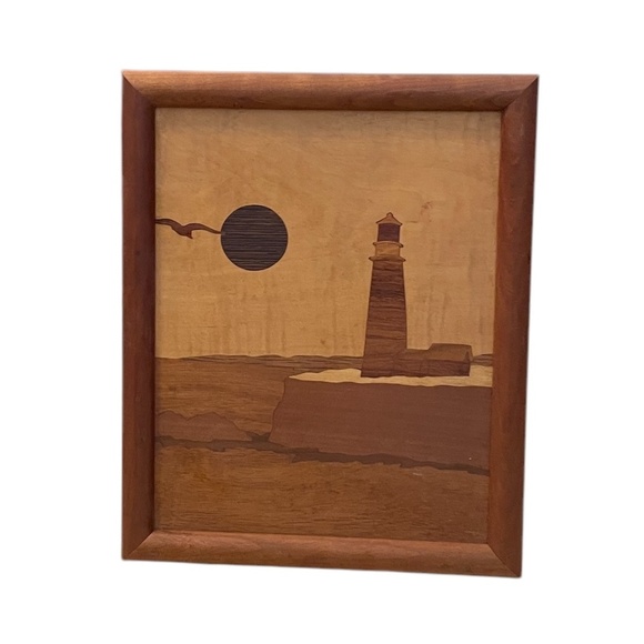 WOOD INLAY MARQUETRY LIGHTHOUSE - Picture 4 of 6